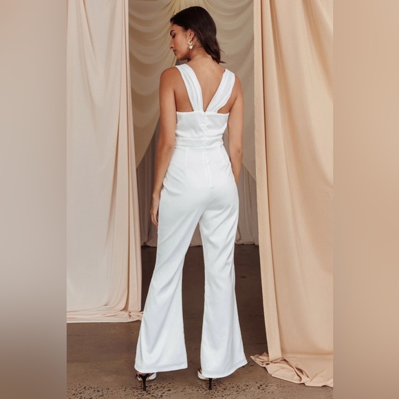 Lena Tuxedo Satin Jumpsuit White Fully Lined Style# R1246 - Picture 2 of 16